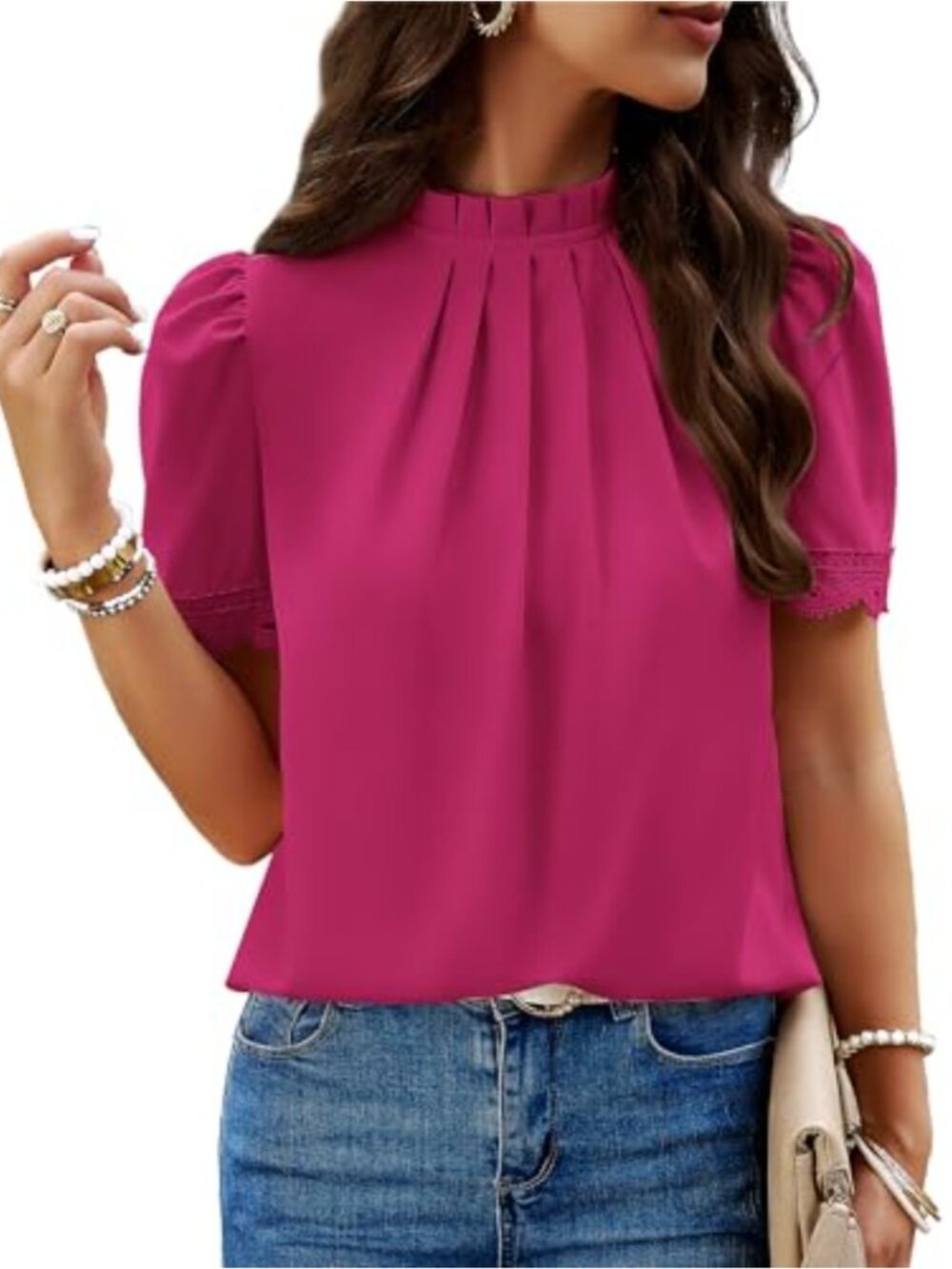Mock Neck Puff Short Sleeve Blouse with Lace Trim & Pleated Detail